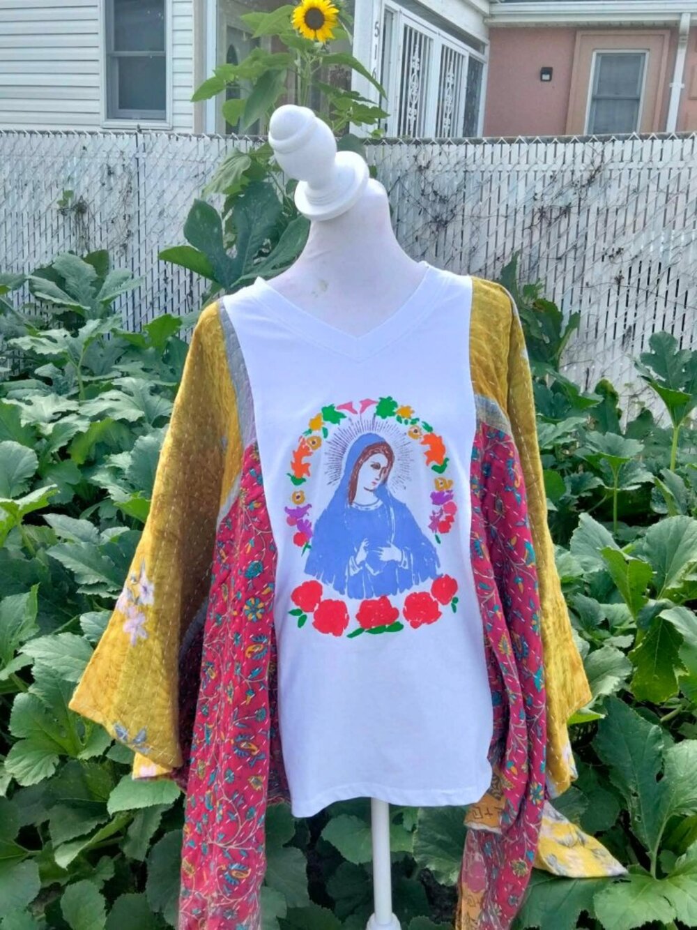 Women's Hand painted Handmade Blessed Mother Mary Kantha Poncho Top